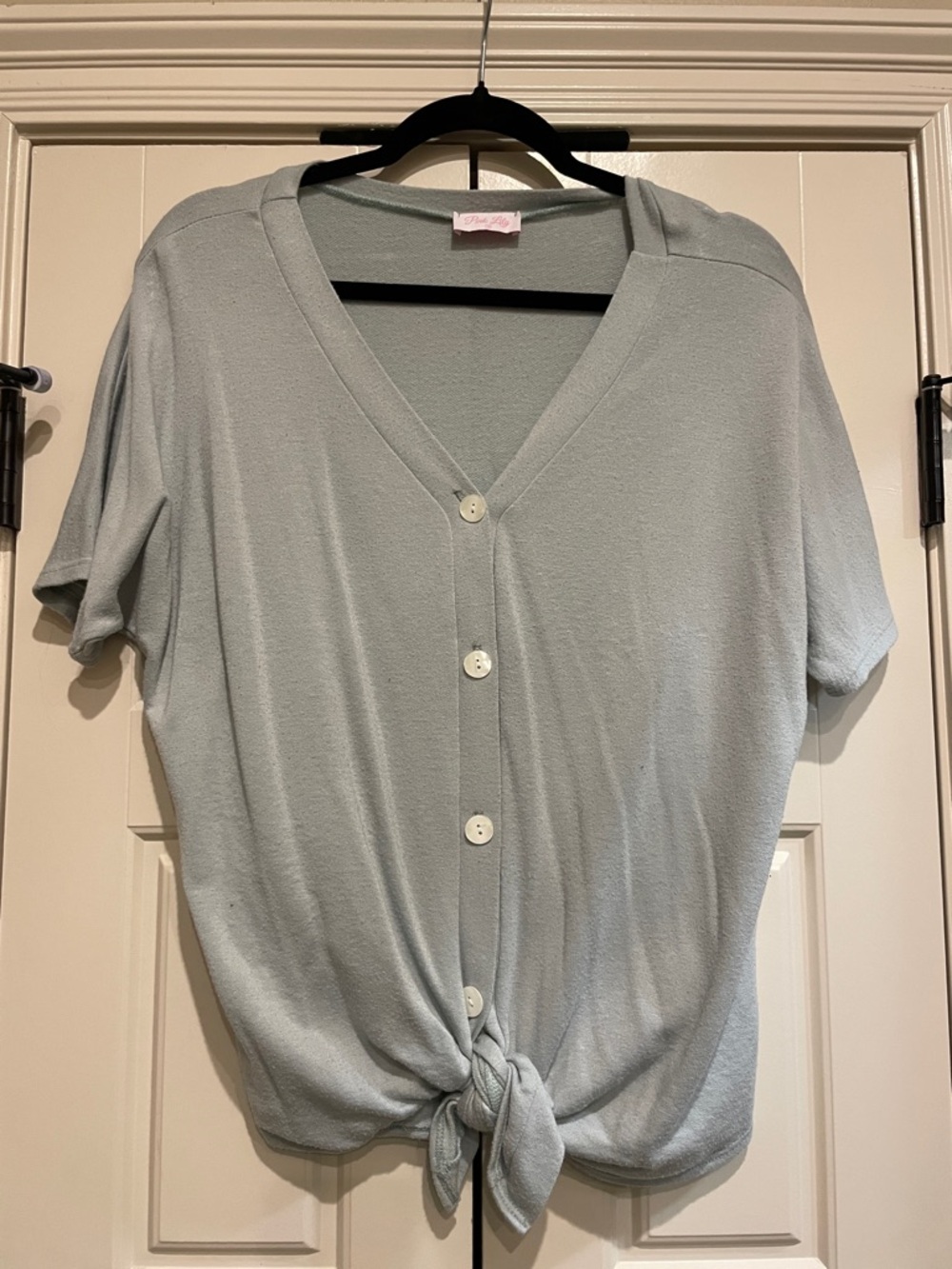 Pink Lily Powder Blue Button Front Tie Hem V-Neck Top